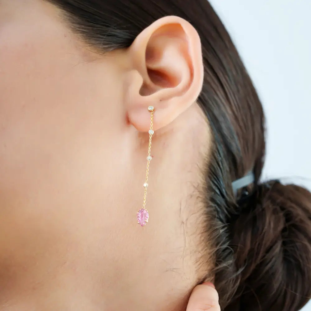 14K Yellow Gold Carving Leaf Shape Pink Tourmaline & Diamond Long Dangle Earrings