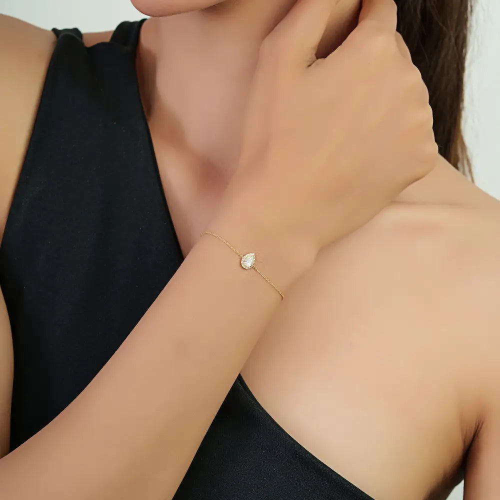 Stunning Delicate 14K Real Yellow Gold Natural Diamond Pear Shape Halo Link Chain Bracelet