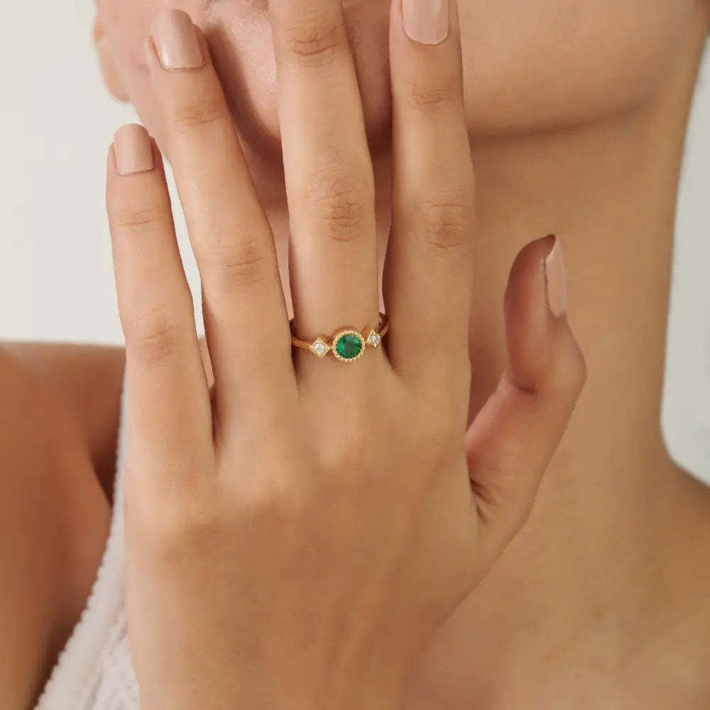 Dainty Emerald & Diamond K14 Pure Yellow Gold Three Stone Ring Stacking Jewelry For Women