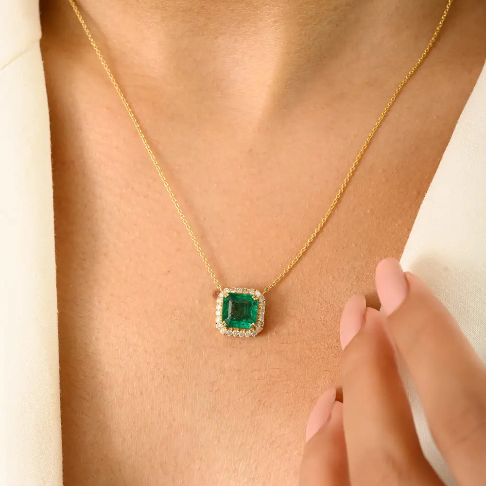 Prong Set Zambian Emerald & Diamond Fine Stacking Halo Pendant Necklace 14K Yellow Gold