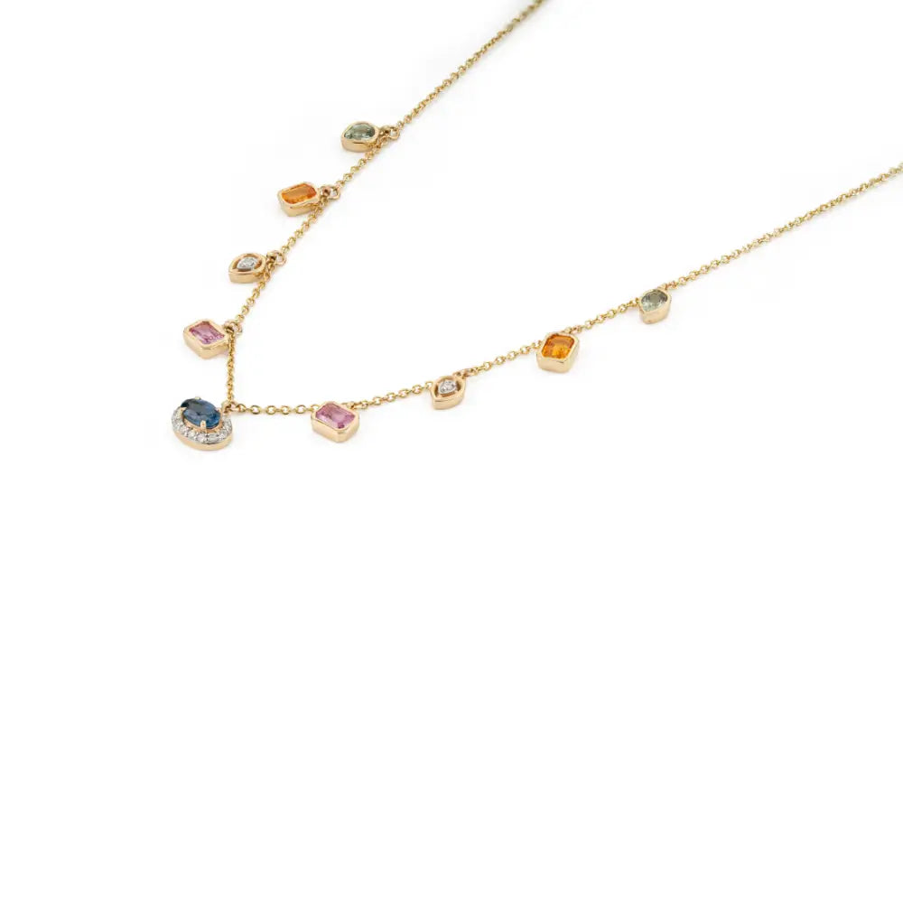 Colorful Gemstone Multi Sapphire & Diamond 14K Solid Yellow Gold Charm Chain Necklace