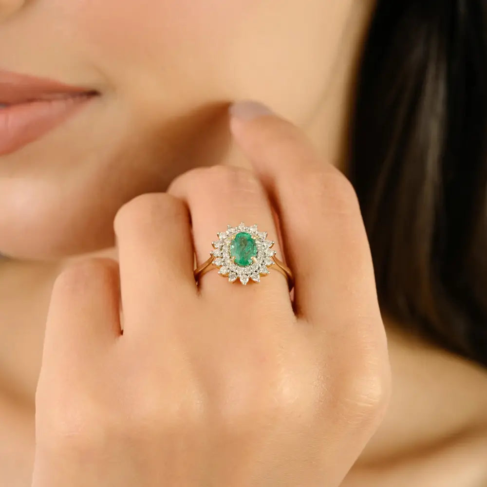 Best Selling Emerald & Diamond Double Cluster Ring Real 18K Yellow Gold Engagement Jewelry