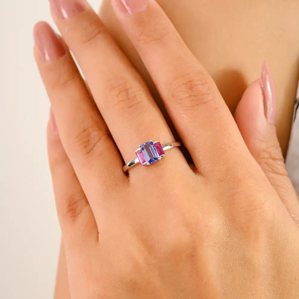 Natural Birthstone Tanzanite & Ruby Real K14 White Gold Three Stone Ring Custom Jewelry