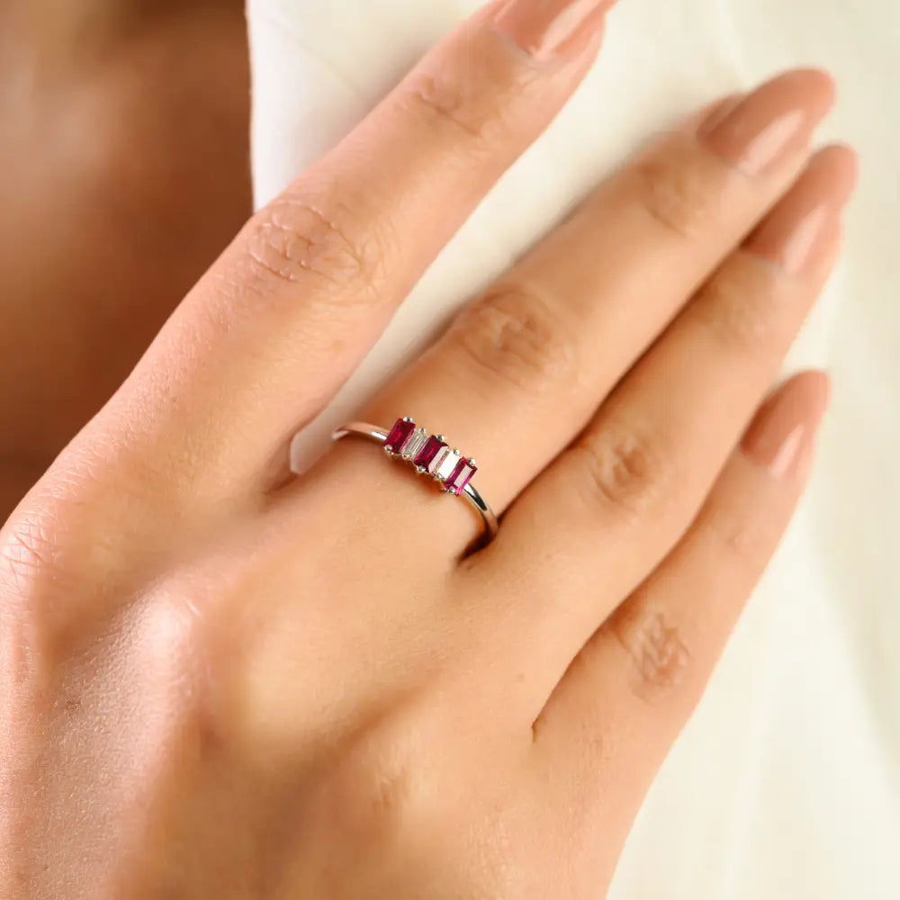 Minimalist Ruby & Diamond Three Stone Ring For Women 14K Pure White Gold Custom Jewelry