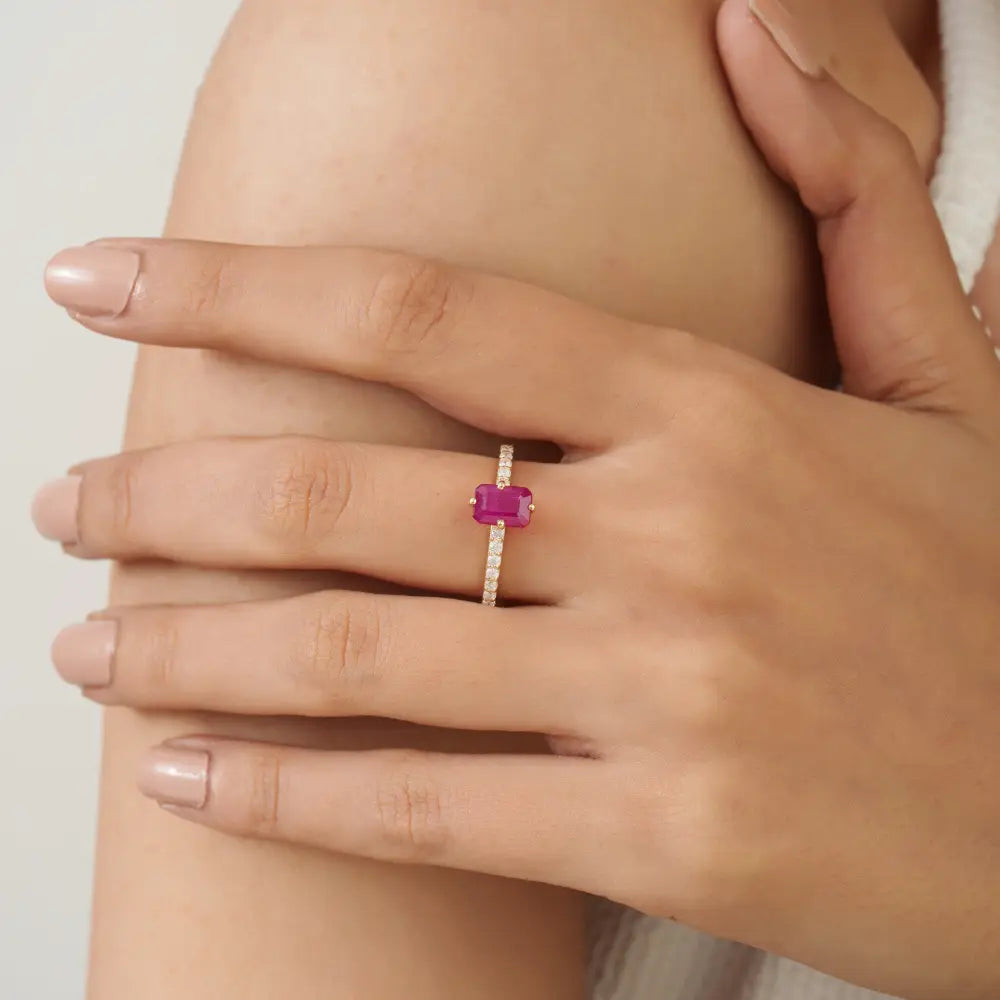 14K Solid Yellow Gold Prong Set Ruby & Diamond Engagement Finger Ring Anniversary Gift