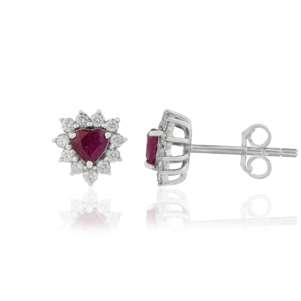 Solid 14K White Gold Heart Shape Ruby & Diamond Cluster Stud Earrings For Women & Girls