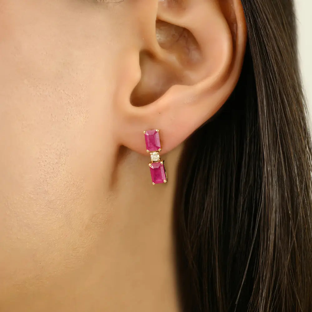 Trending Small Ruby & Diamond Drop Earrings For Women Everyday Jewelry 14K Solid Gold