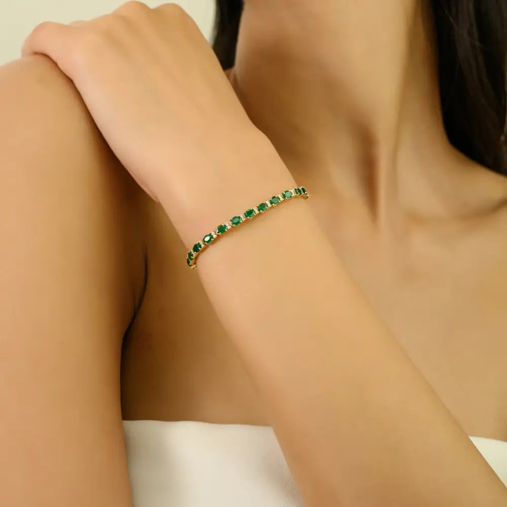Stackable Box Lock Tennis Bracelet Featuring Emerald & Diamond 14K Solid Yellow Gold
