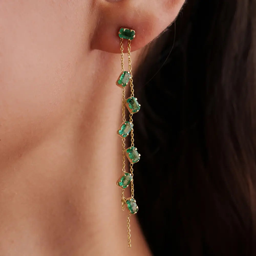 Pinion Bezel Set Emerald 14K Real Yellow Gold Double Link Chain Long Dangle Earrings