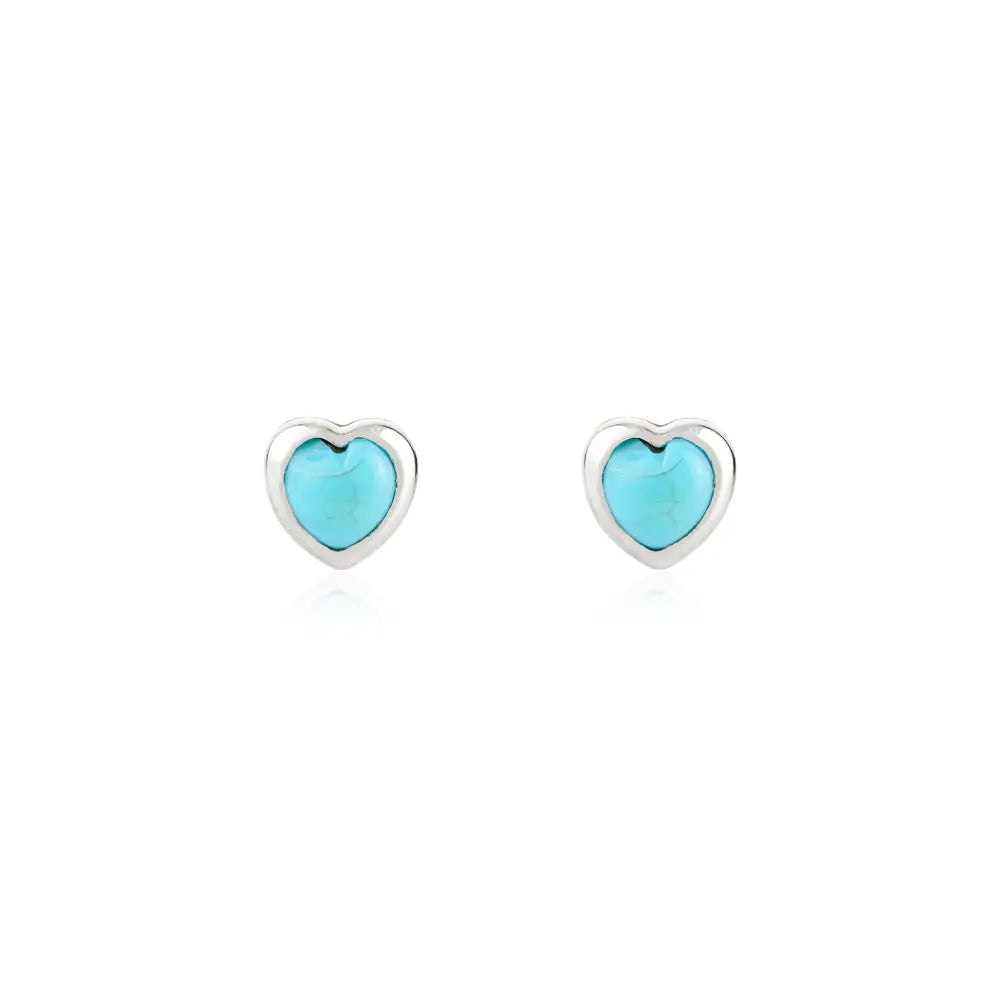 Minimalist Design Turquoise Gemstone Heart Shape Stud Earrings Real K14 White Gold Jewelry