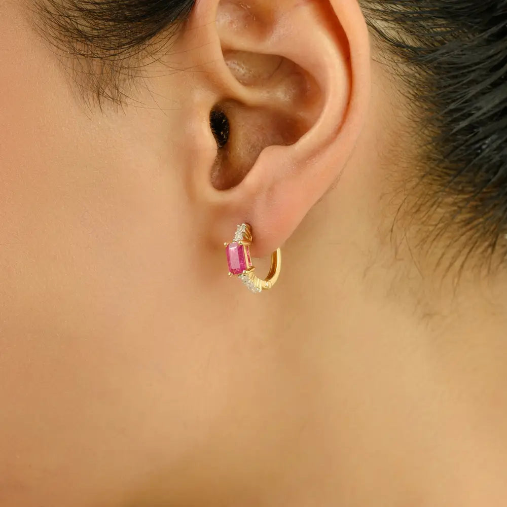 July Birthstone Ruby & Diamond 18K Yellow Gold Minimal Hoop Earrings Valentine Gift