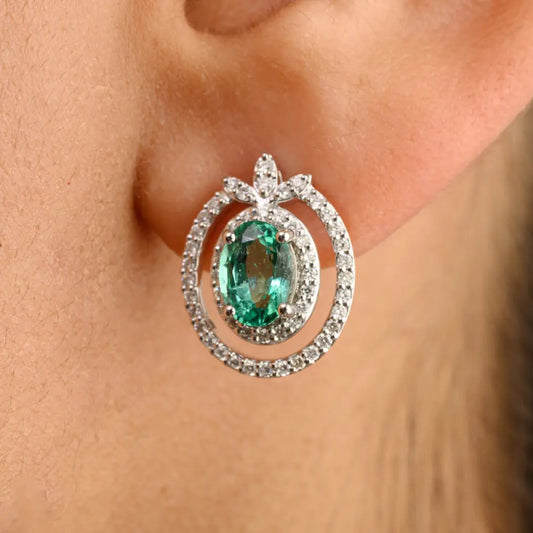 Natural Emerald & Diamond Solid K14 White Gold Stud Earrings Trending Jewelry