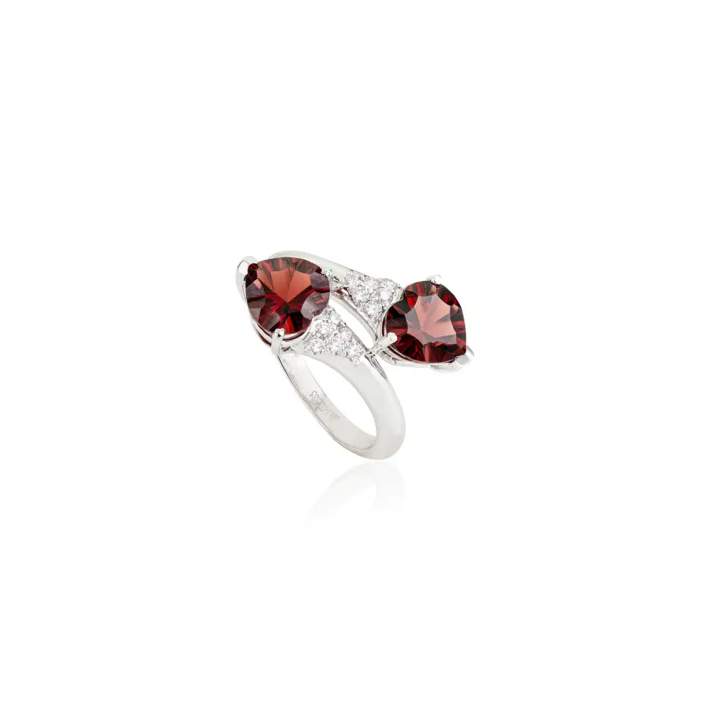 Heart Shape Garnet & Round Cut Diamond Statement Bypass Ring Solid 14K White Gold Jewelry