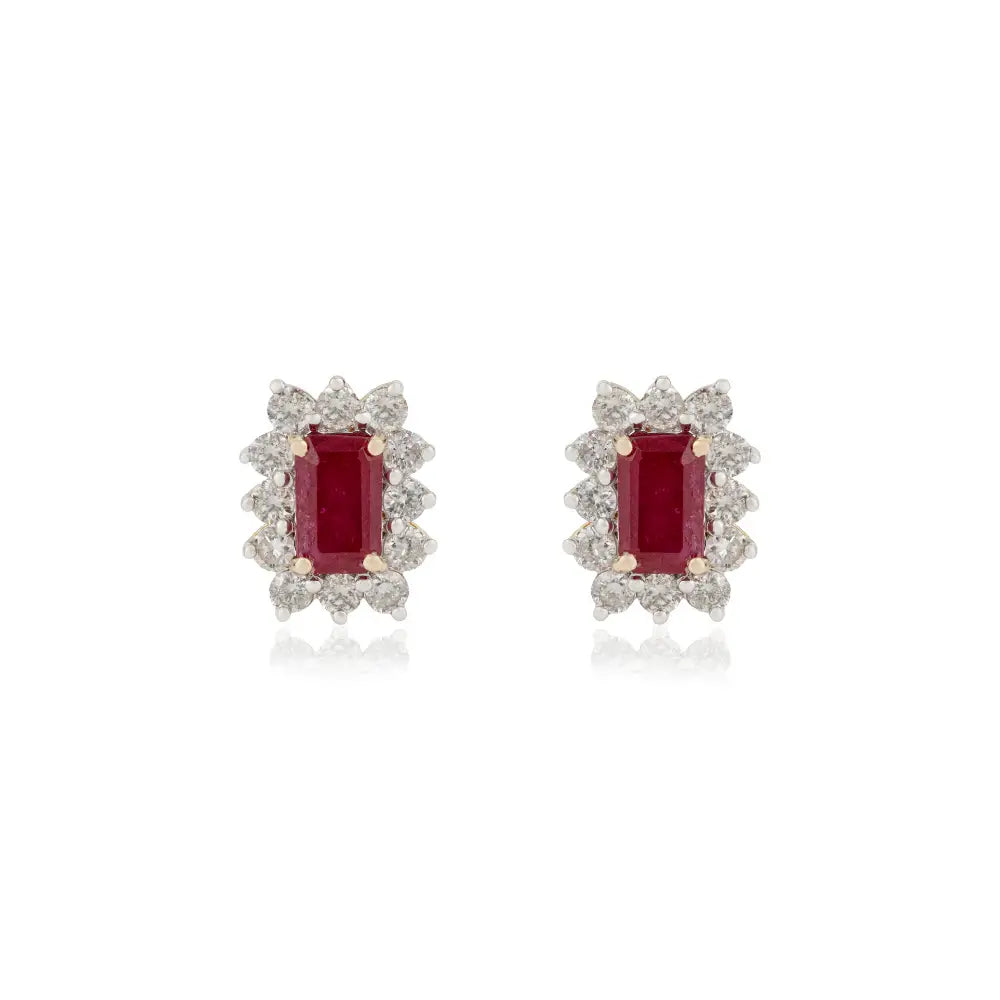 July Birthstone Ruby & Diamond Fine 14K Yellow Gold Small Cluster Stud Earrings Gift For Her