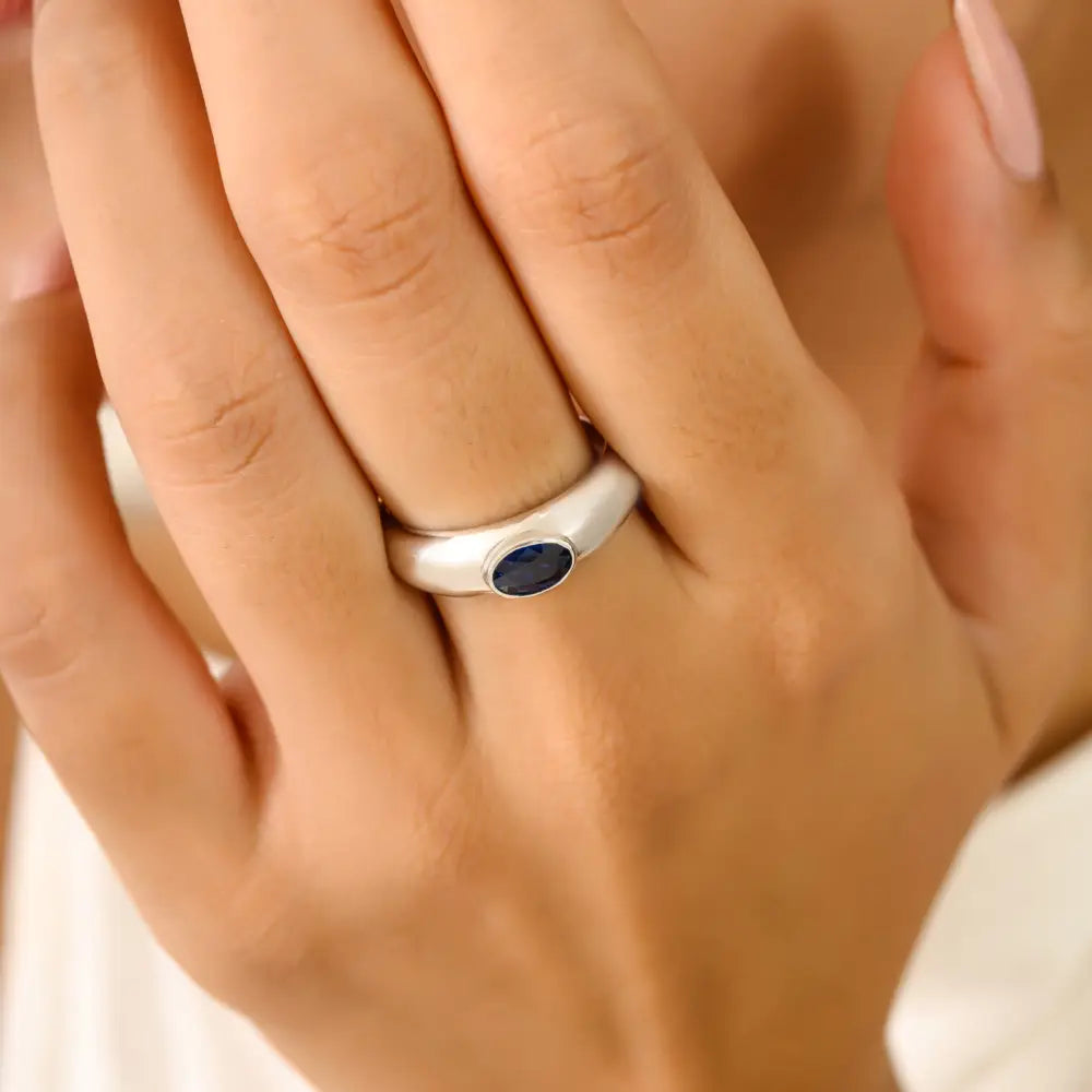 14K Solid White Gold Oval Shape Blue Sapphire Chunky Dome Ring New Collection Jewelry