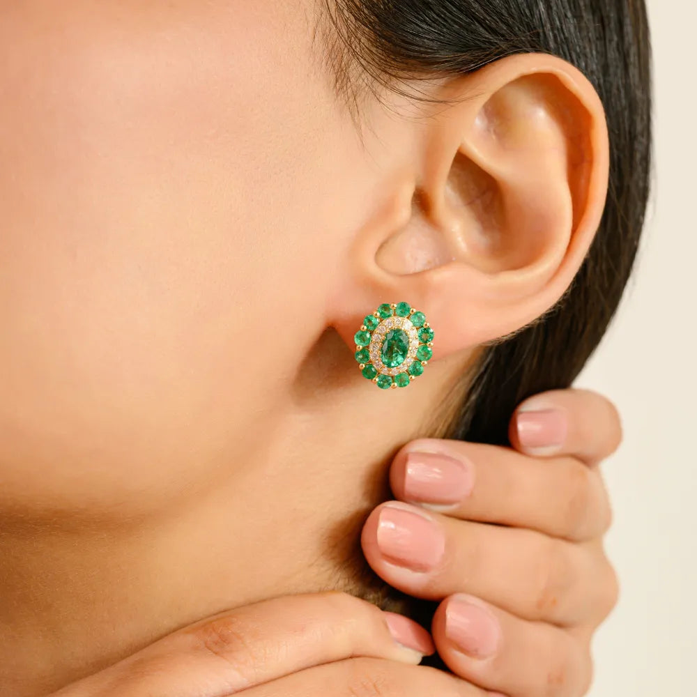 Hot Selling Real K14 Yellow Gold Emerald & Diamond Halo Stud Earrings Custom Gemstone Jewelry