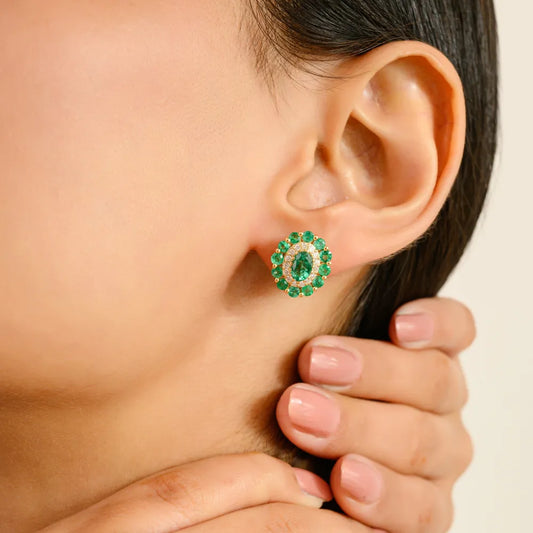 Hot Selling Real K14 Yellow Gold Emerald & Diamond Halo Stud Earrings Custom Gemstone Jewelry