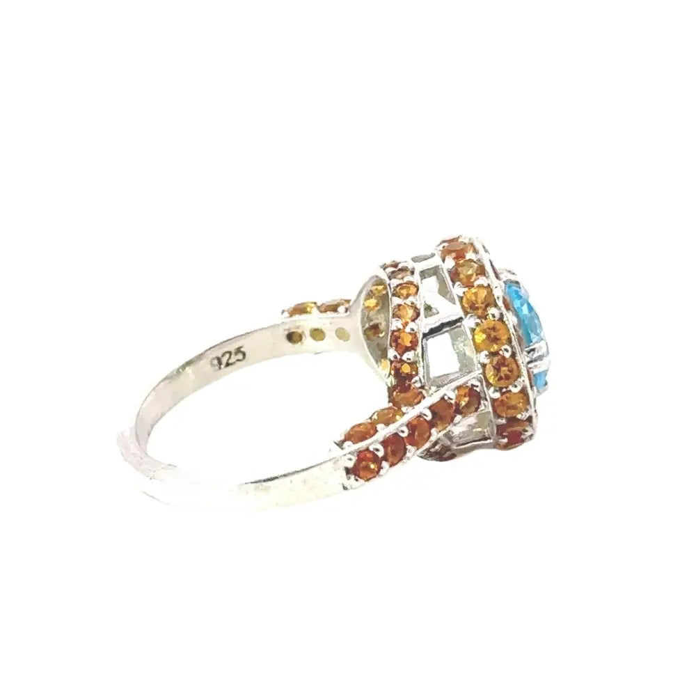 Fine Blue Topaz & Citrine Round Shape Gemstone Ring New Jewelry Collection 925 Sterling Silver