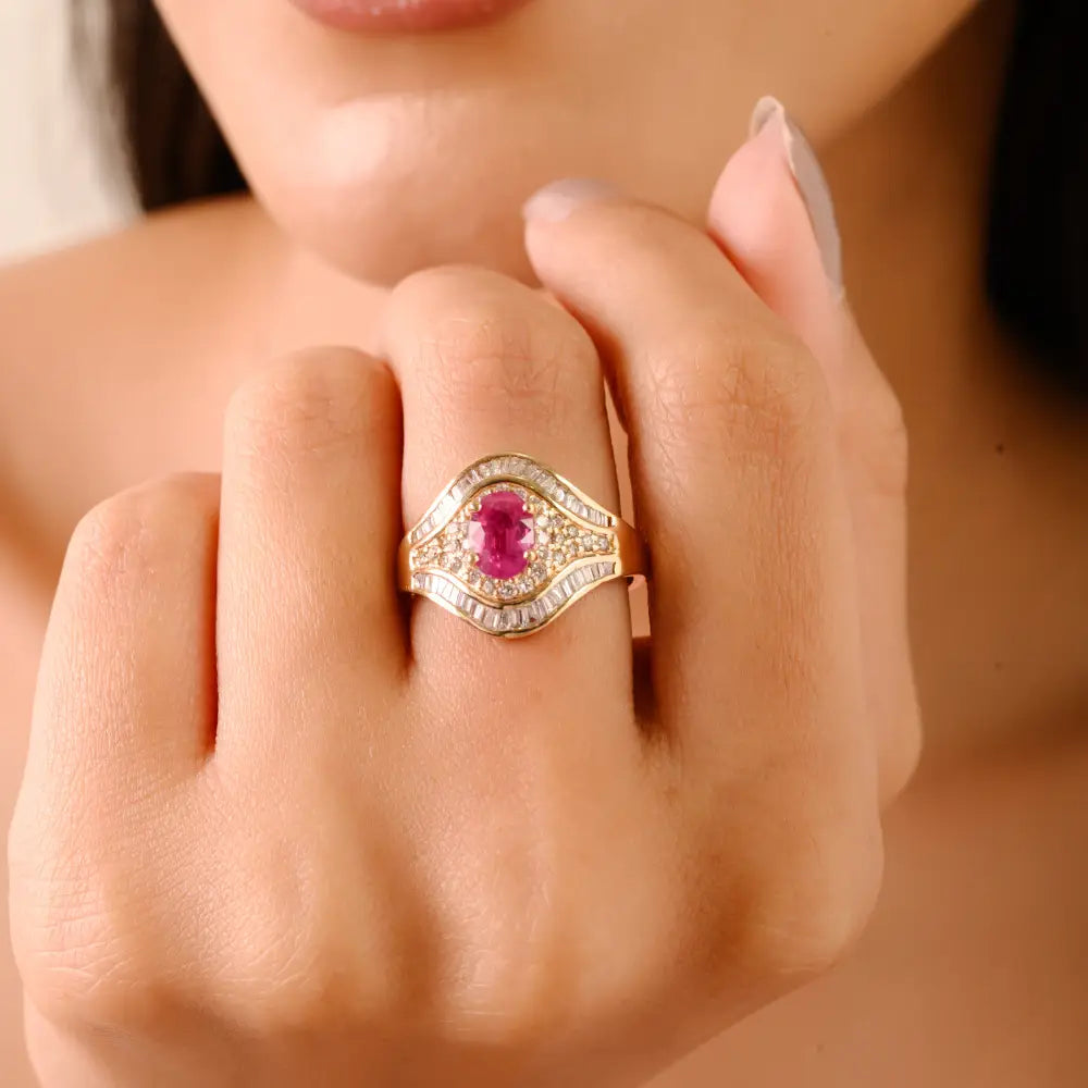 Prong Setting Ruby & Diamond 14K Solid Yellow Gold Vintage Gemstone Ring Wedding Jewelry