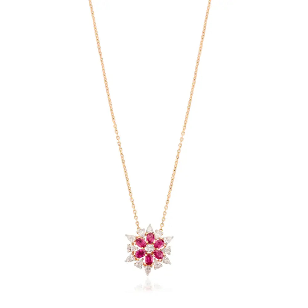 K18 Rose Gold Natural Ruby & Diamond Flower Shape Pendant Chain Necklace For Women