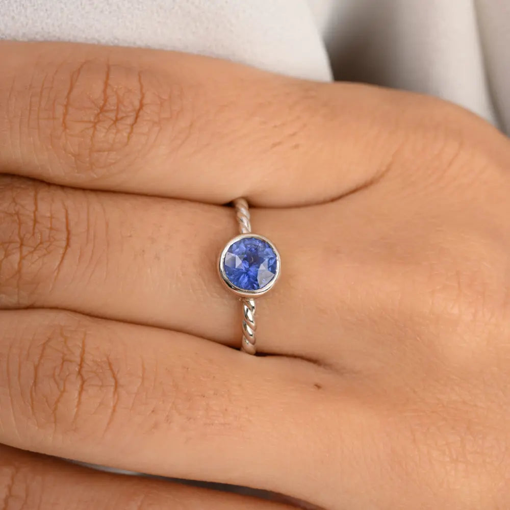 Handcrafted Jewelry Round Blue Sapphire 14K Solid White Gold Single Stone Ring