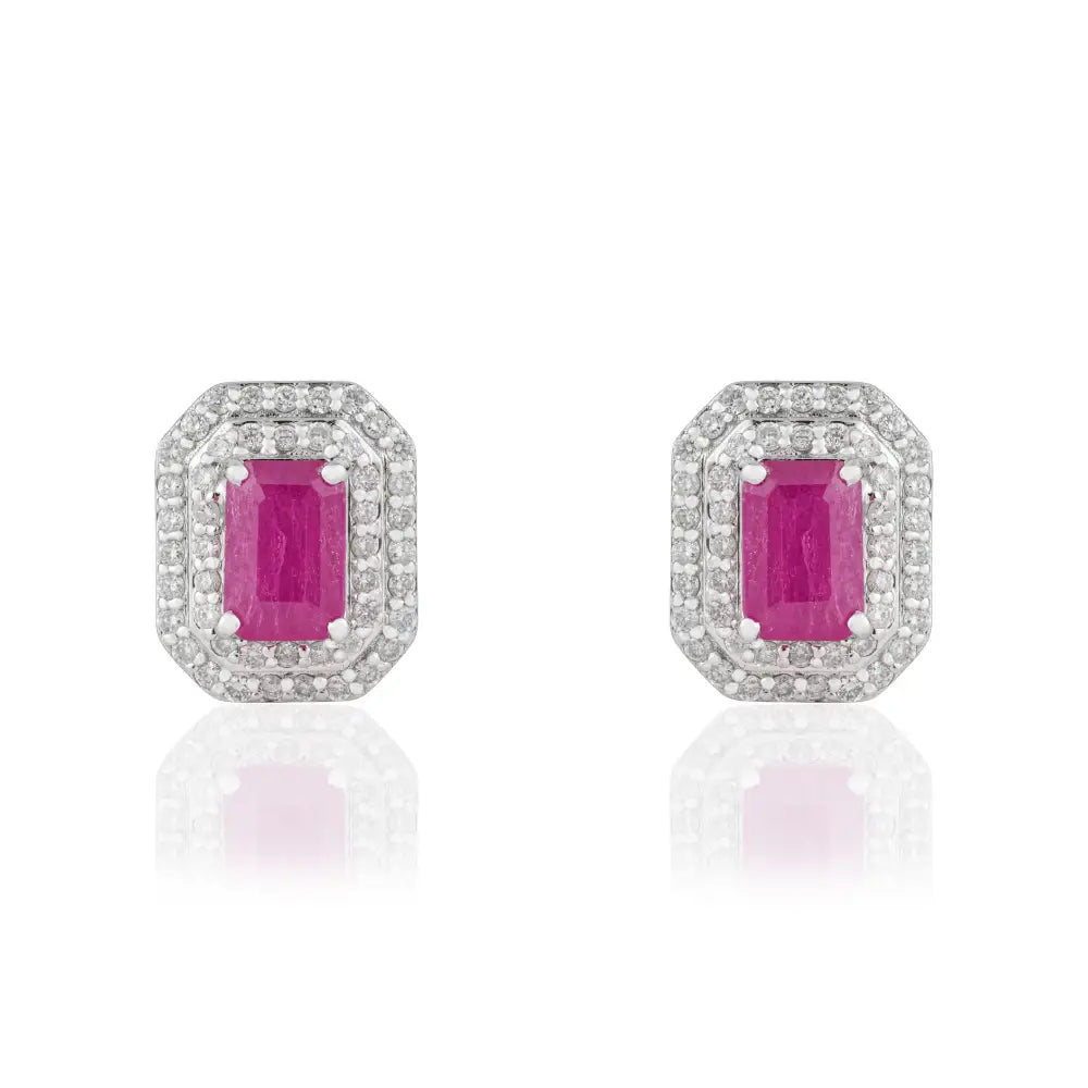 100% Authentic Ruby & Diamond Solid K14 White Gold Double Cluster Stud Earrings Gift For Mom