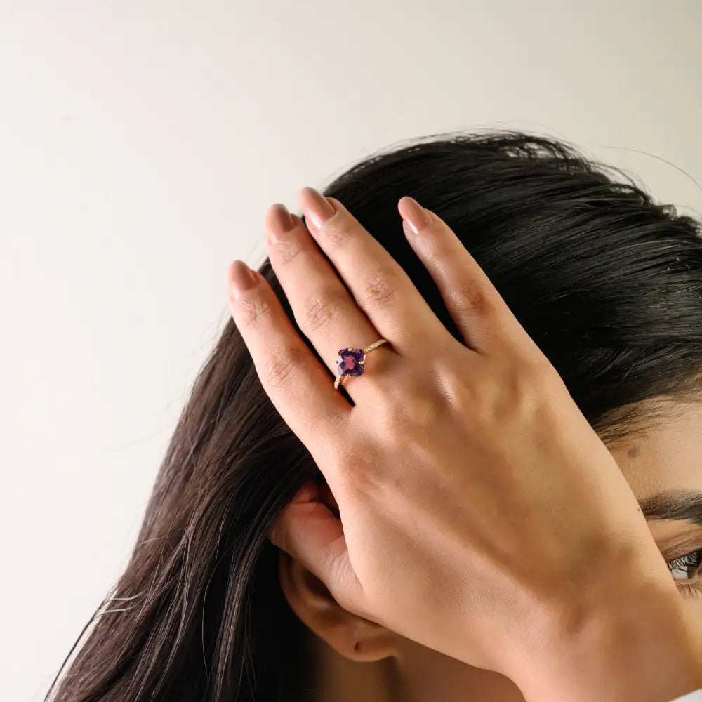 Clover Shape Amethyst & Round Cut Diamond Stackable Ring Latest 14K Yellow Gold Jewelry