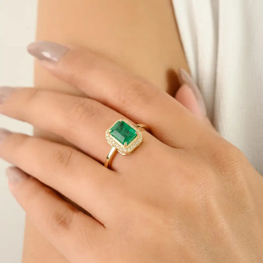 Engagement Jewelry Wholesale 14K Yellow Gold Octagon Cut Emerald & Diamond Halo Ring