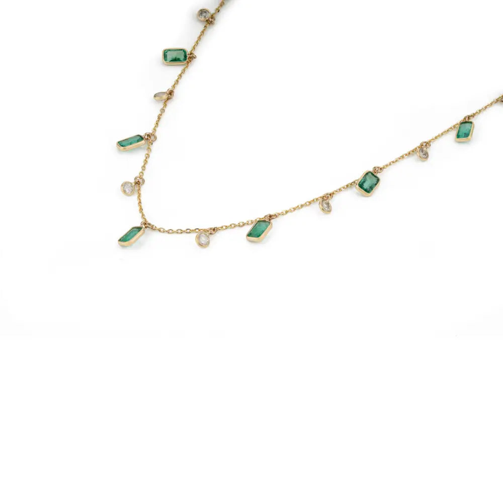 Beautiful Design 14K Pure Yellow Gold Emerald & Diamond Charm Chain Necklace For Women