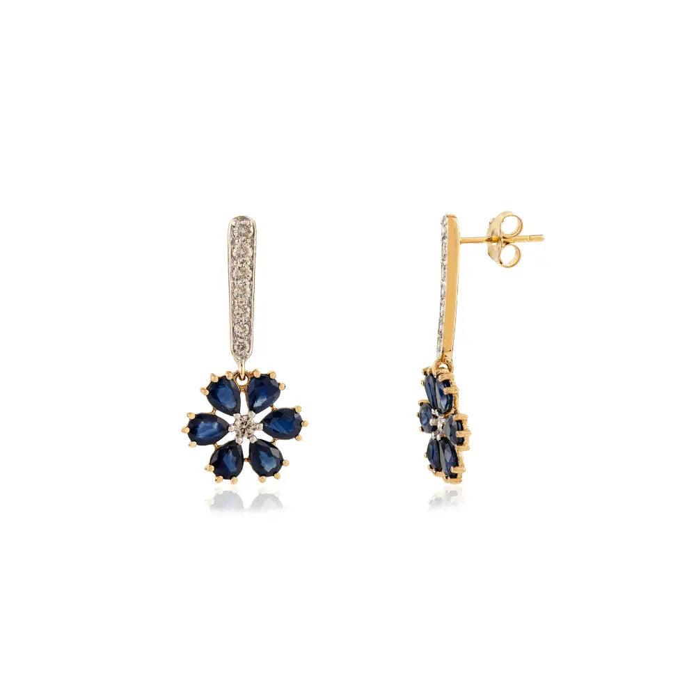 Flower Design Blue Sapphire & Diamond Drop Earrings Designer 18K Yellow Gold Fine Jewelry