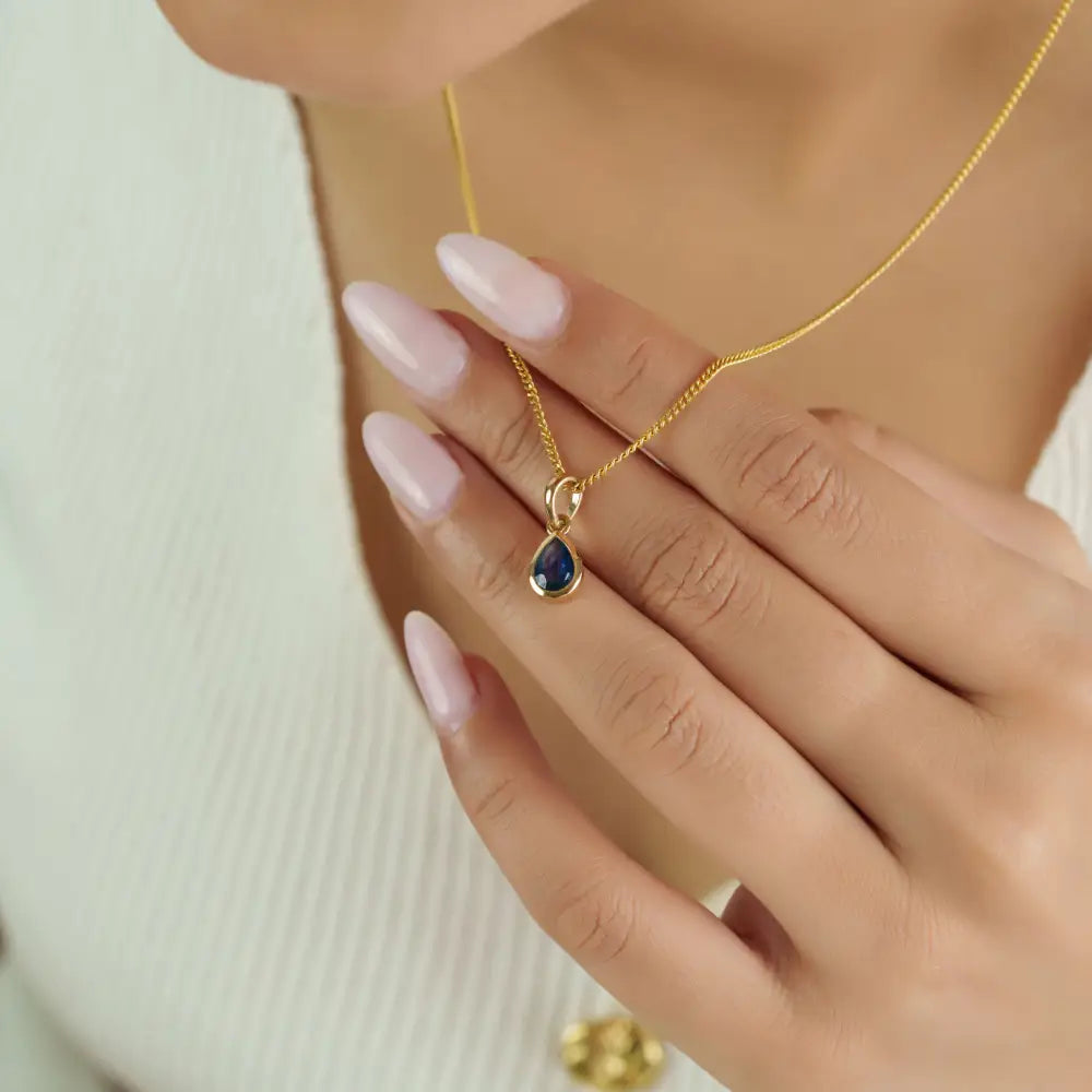 14K Yellow Gold Bezel Set Blue Sapphire Teardrop Shape Minimal Pendant Everyday Wear