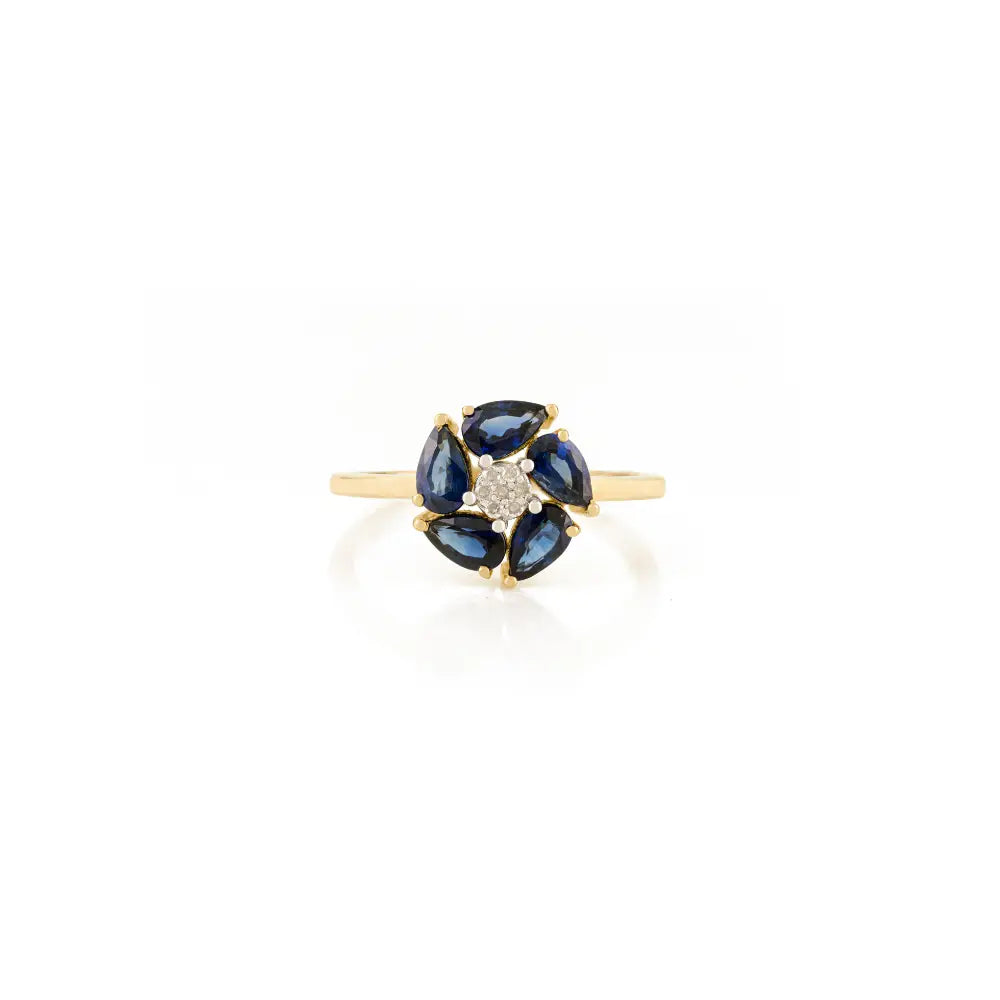 Flower Inspired 14K Yellow Gold Blue Sapphire & Diamond Engagement Gemstone Ring
