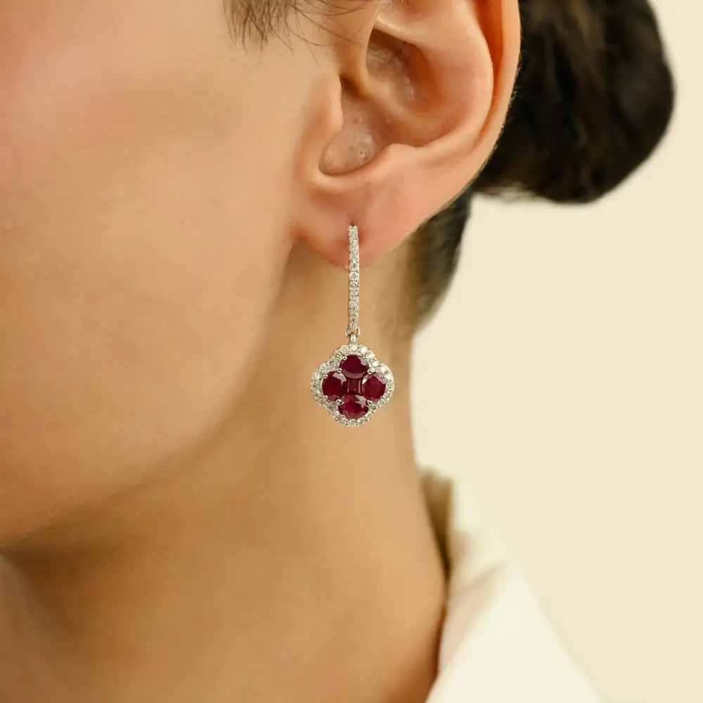 Ruby & Diamond K14 White Gold Hoop Drop Earrings Wedding Bridal Jewelry Wholesale