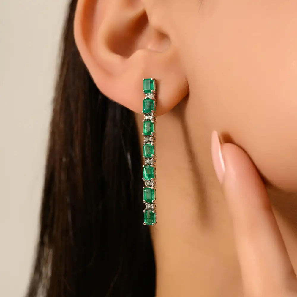 Wedding Party Wear Jewelry Emerald & Diamond K14 Real Gold Long Dangle Earrings