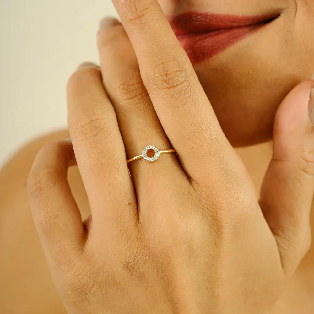 Delicate Minimalist Real Diamond 14K Pure Yellow Gold Open Halo Circle Ring Daily Wear Jewelry