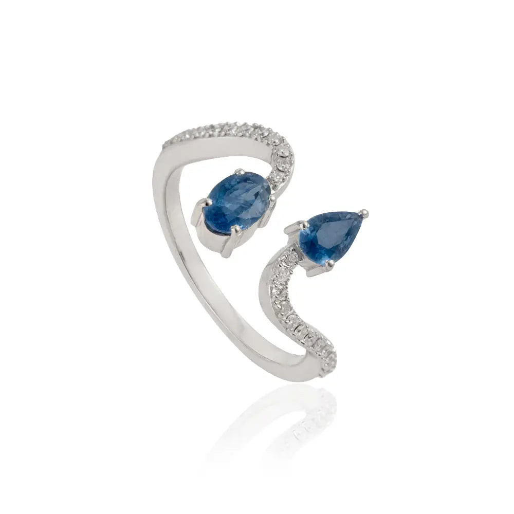 14K Real White Gold Blue Sapphire & Diamond Wavy Open Toi et Moi Ring Wedding Jewelry