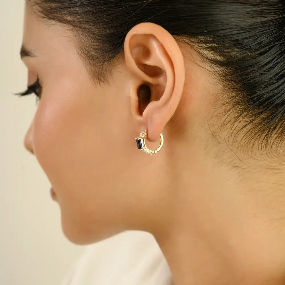 Real K14 Yellow Gold Blue Sapphire & Diamond Minimal Hoop Earrings Handmade Jewelry