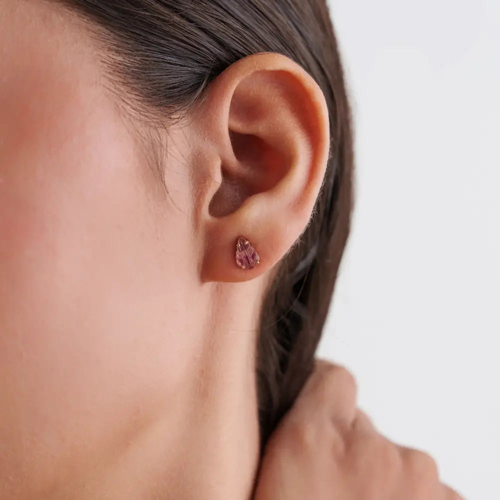 Prong Set Pink Tourmaline Handmade Carving Leaf Shape Stud Earrings 14K Yellow Gold
