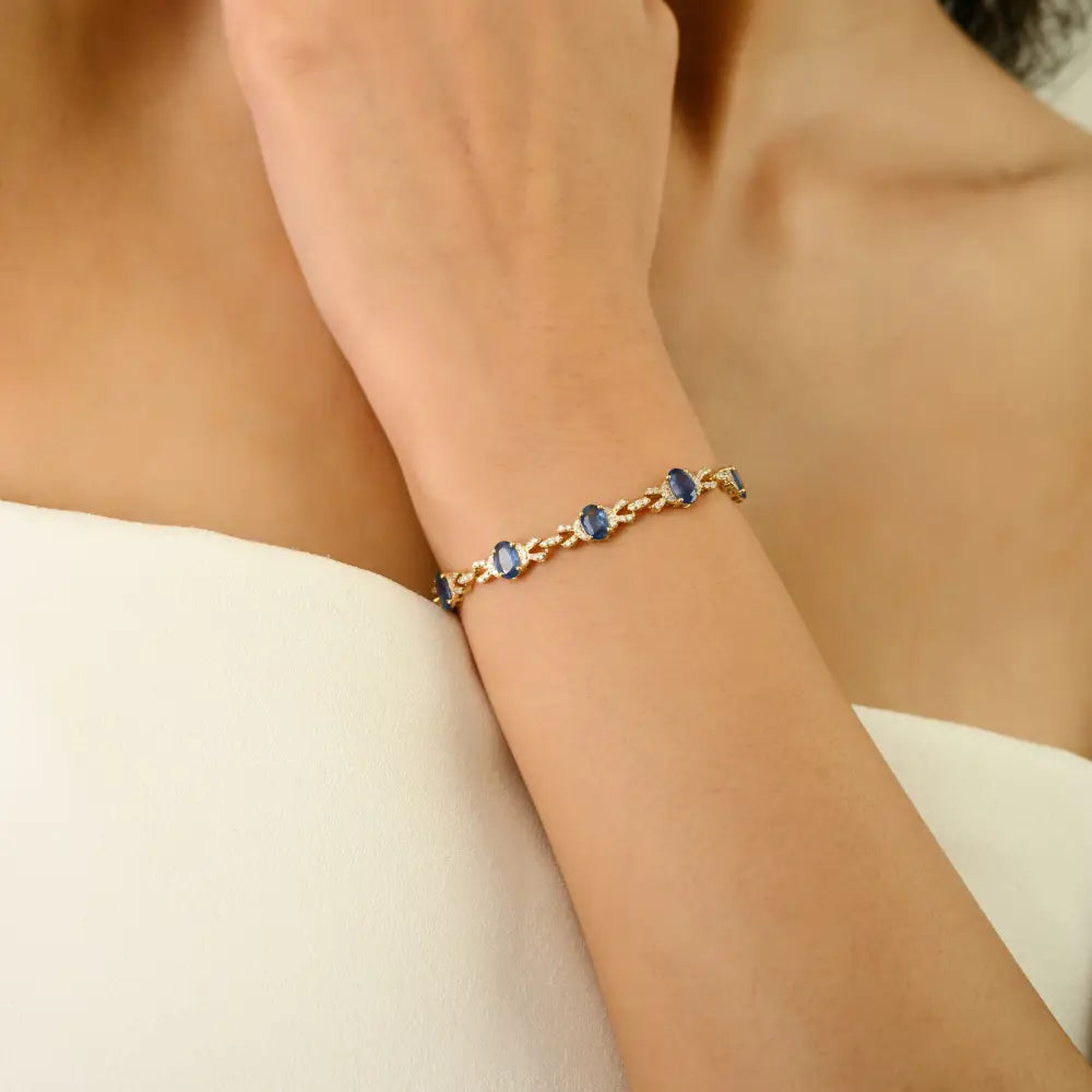 New Designer Blue Sapphire & Diamond 14K Yellow Gold Stackable Bracelet Women Jewelry