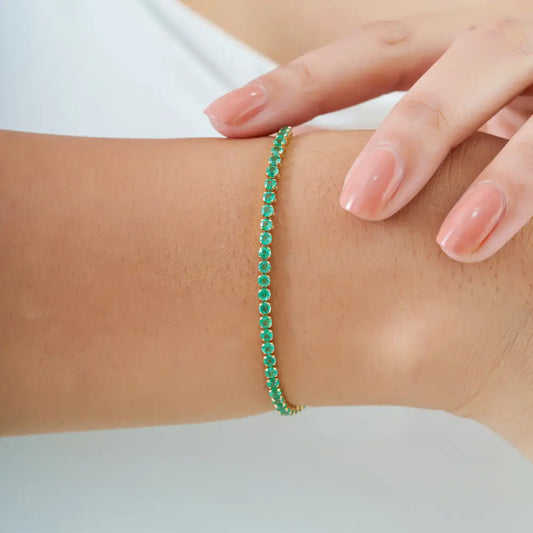 May Birthstone Pure 14K Yellow Gold Real Emerald Box Lock Sleek Tennis Bracelet For Unisex