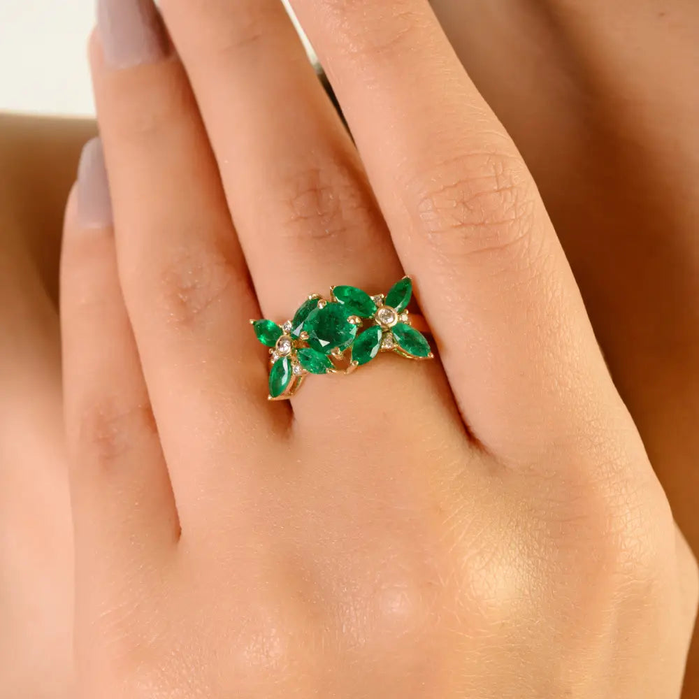 New Designer Flower Ring Featuring Emerald & Diamond Wedding Jewelry 14K Yellow Gold