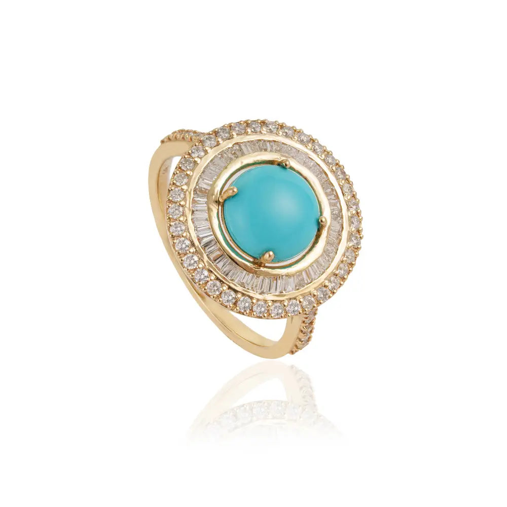 Round Cut Turquoise & Diamond Double Cluster Statement Ring December Birthstone 14K Gold