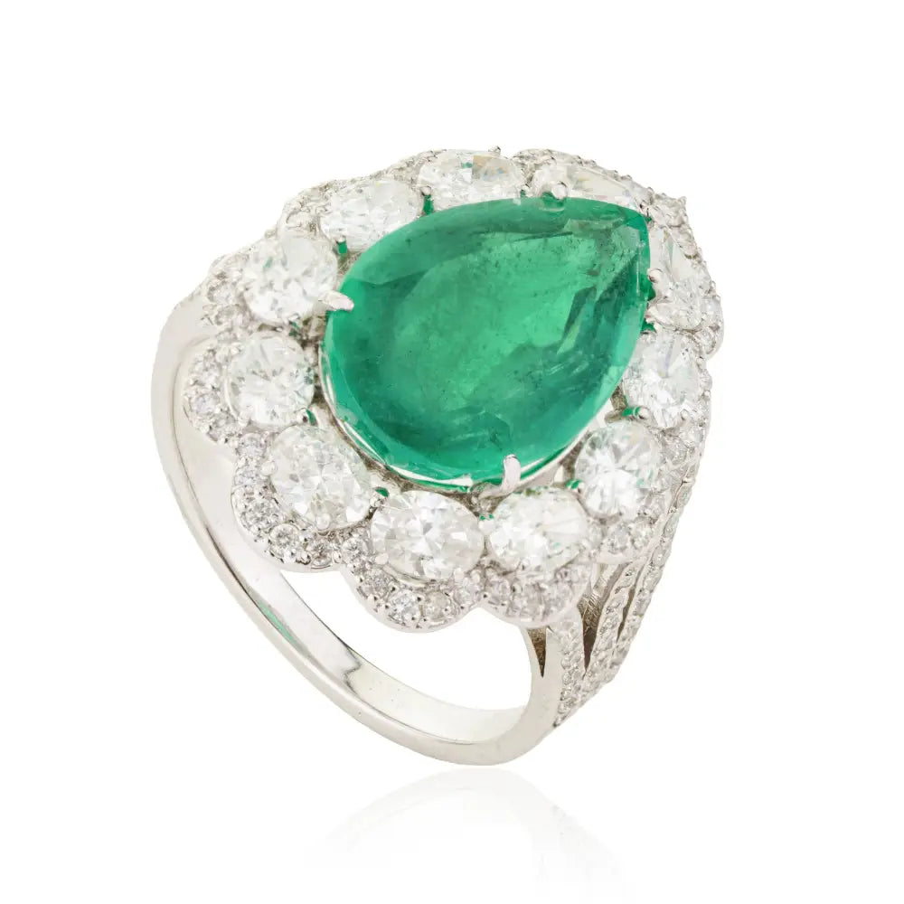 Luxurious 18K White Gold 5 Ct. Zambian Emerald & Diamond Triple Shank Cluster Ring Wedding