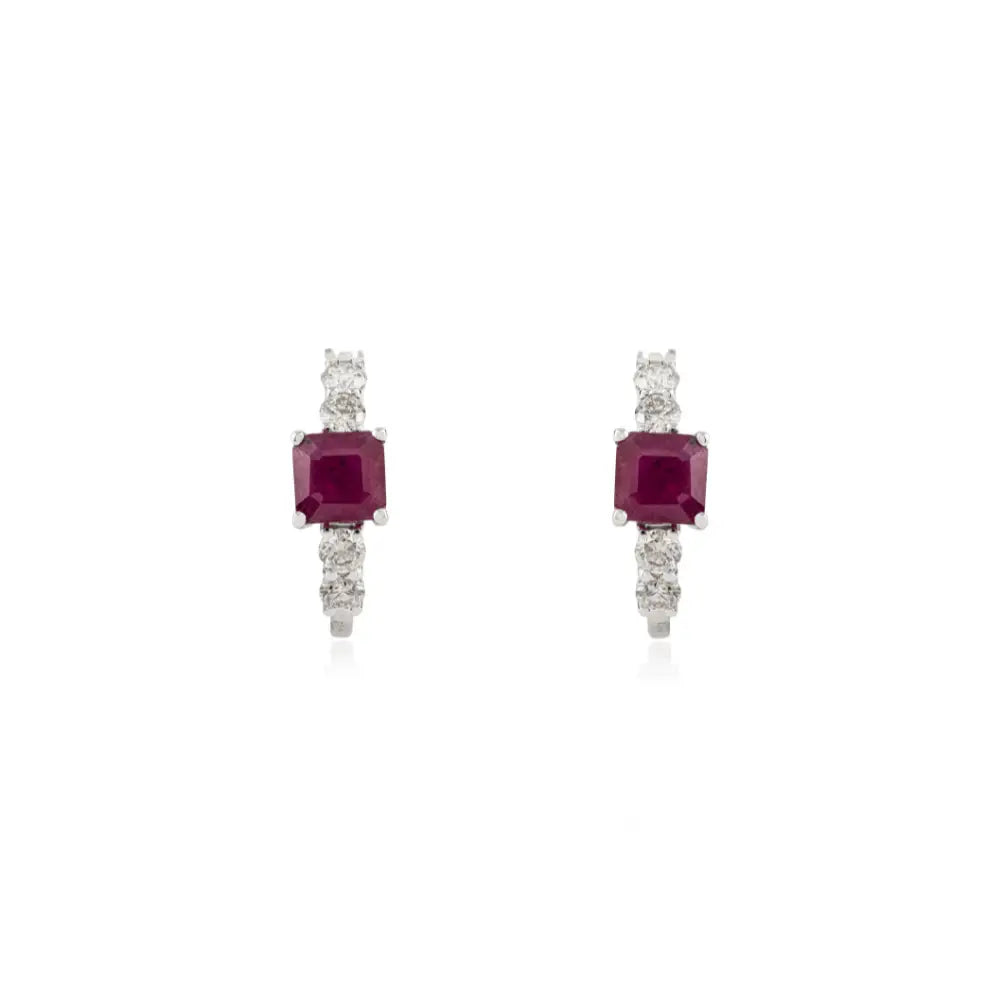 5x5 mm Square Shape Real Ruby & Diamond K18 White Gold Women Hoop Earrings Fine Jewelry