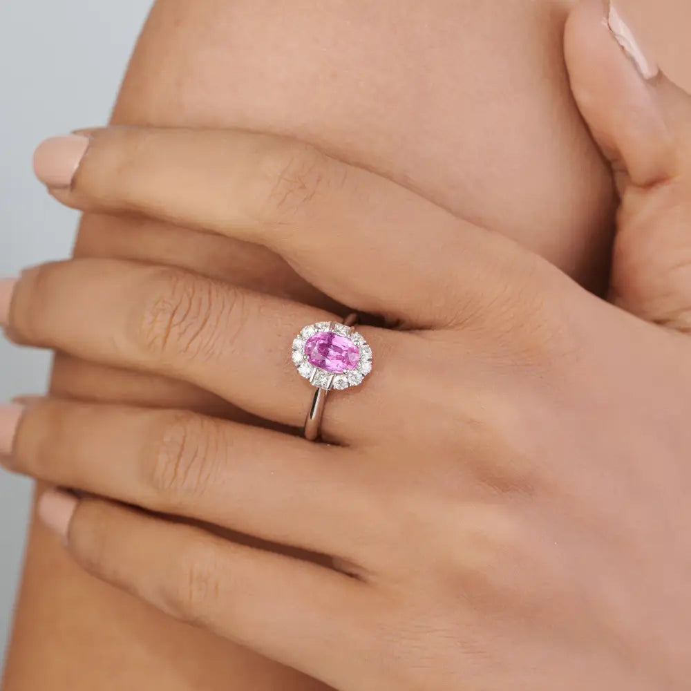 100% Natural Pink Sapphire & Diamond 18K White Gold Statement Halo Ring Birthstone Jewelry