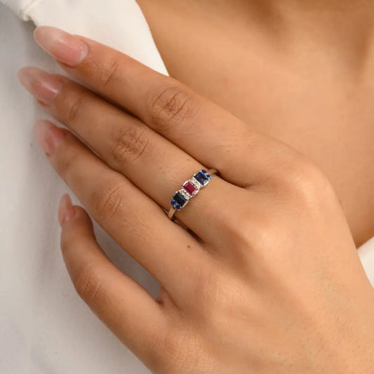 Birthstone Jewelry Natural Ruby, Sapphire & Diamond 14K Solid White Gold Ring