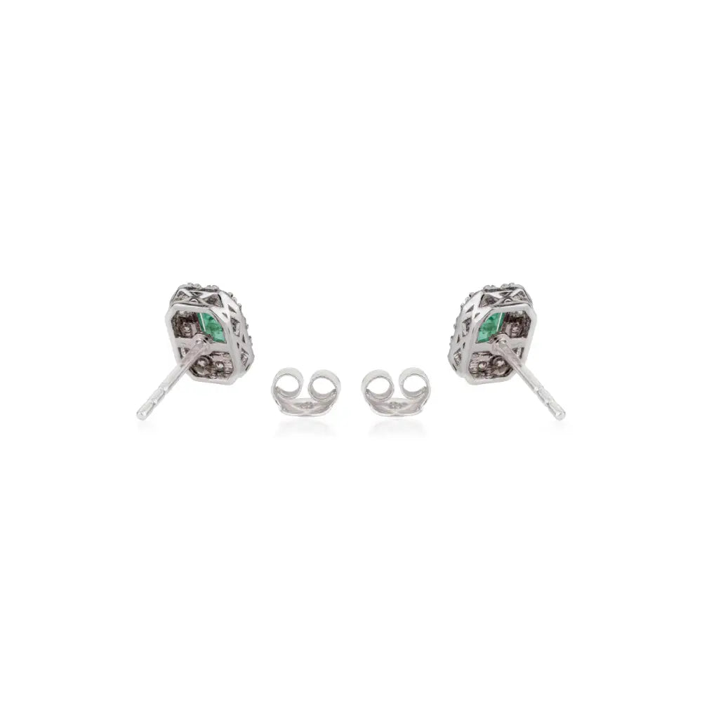 Dainty Small Emerald & Diamond Halo Stud Earrings Handmade 14K Pure White Gold Jewelry