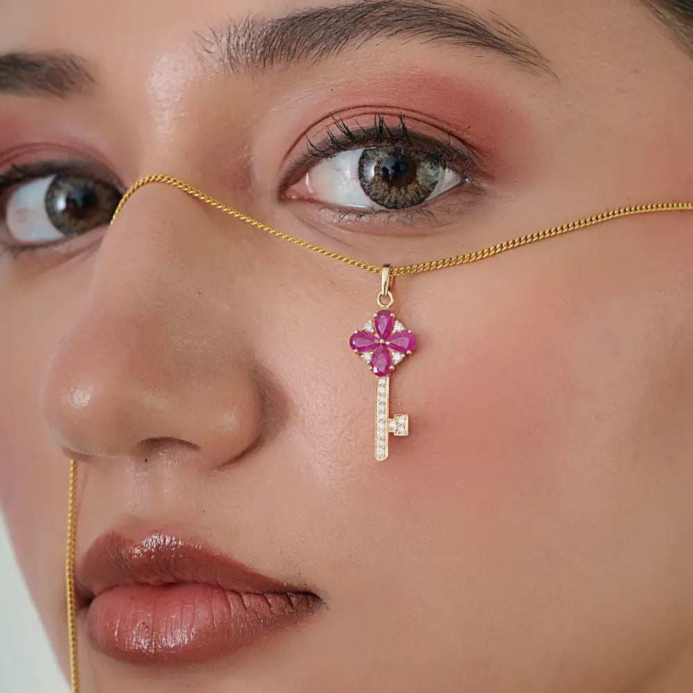 Unique Design 14K Yellow Gold Genuine Ruby & Diamond Key Pendant Customized Jewelry