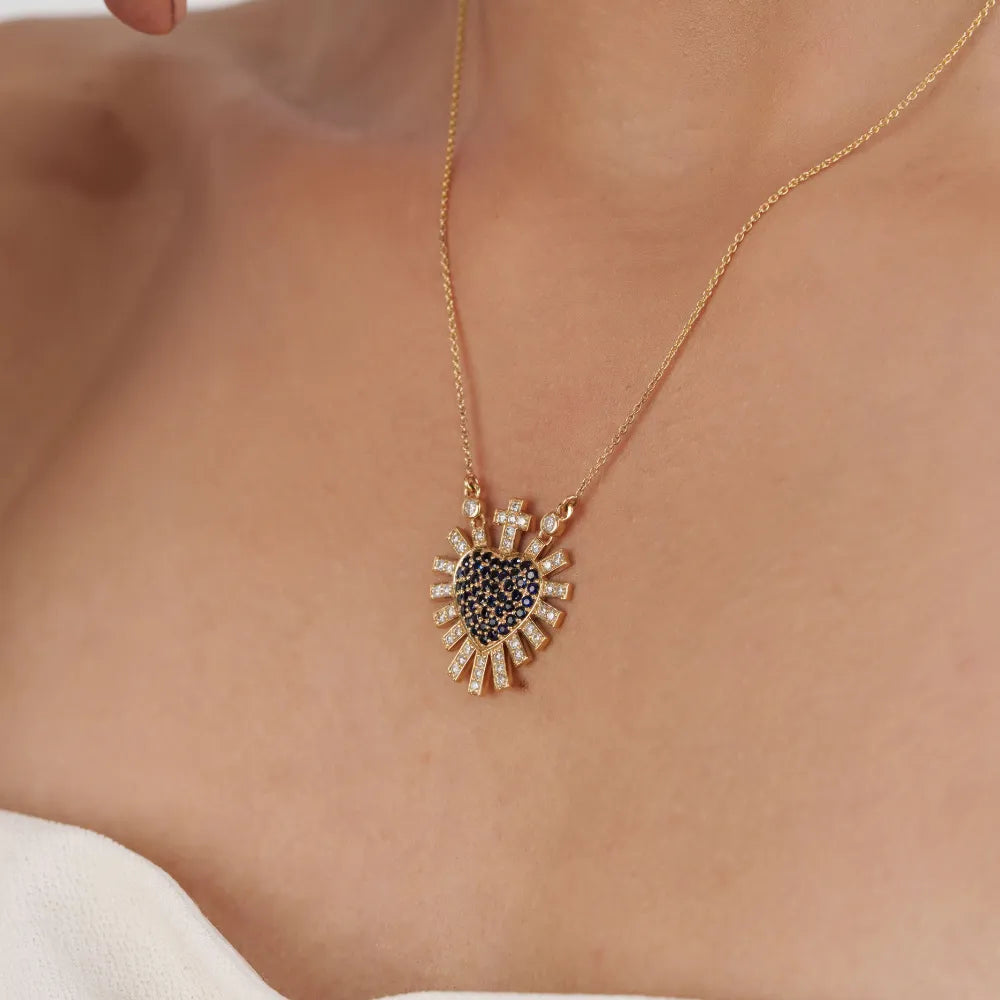 Gorgeous Blue Sapphire & Diamond Sacred Heart Sunburst Pendant Necklace 14K Solid Yellow Gold Jewelry