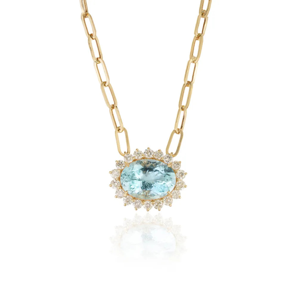 Oval Shape Aquamarine & Round Cut Diamond Bold Cluster Paperclip Chain Pendant Necklace 14K Yellow Gold